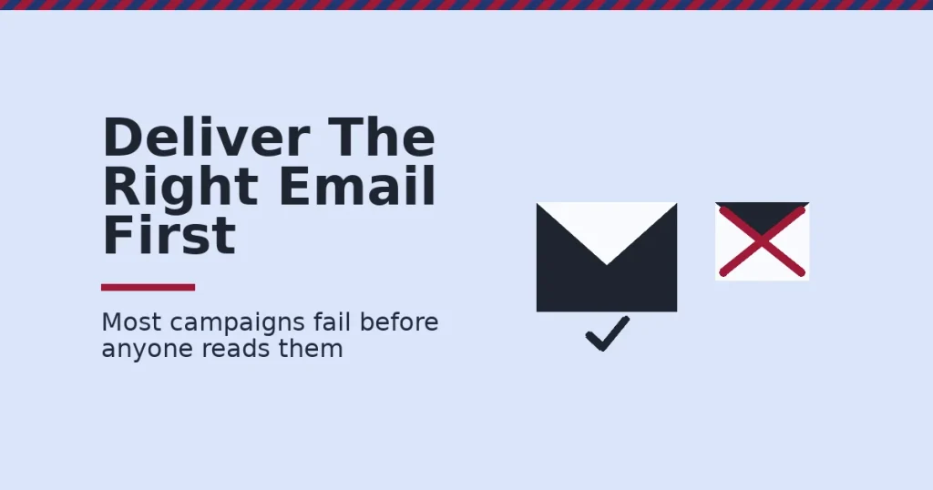 Email campaign optimization illustrated as one envelope passing with a checkmark and one blocked envelope marked with a red X