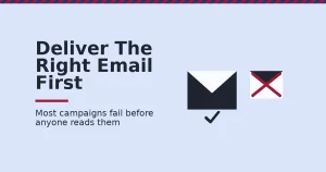 Email campaign optimization illustrated as one envelope passing with a checkmark and one blocked envelope marked with a red X