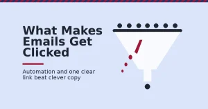 Email click-through rate shown as a funnel with a crimson leak and one dark dot clicking through at the bottom