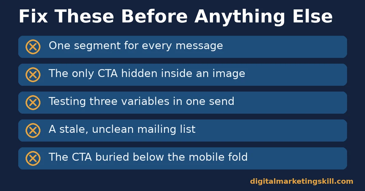 Common mistakes that lower email click-through rate Email click-through rate checklist of five mistakes: one segment for everyone, CTA hidden in an image, testing too many variables, a stale list and a buried mobile CTA