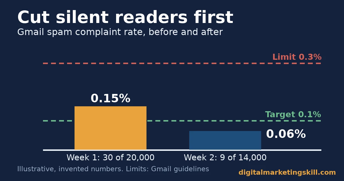 Email deliverability bar chart with illustrative numbers: spam complaint rate falling from 0.15% to 0.06% against a 0.1% target and 0.3% limit