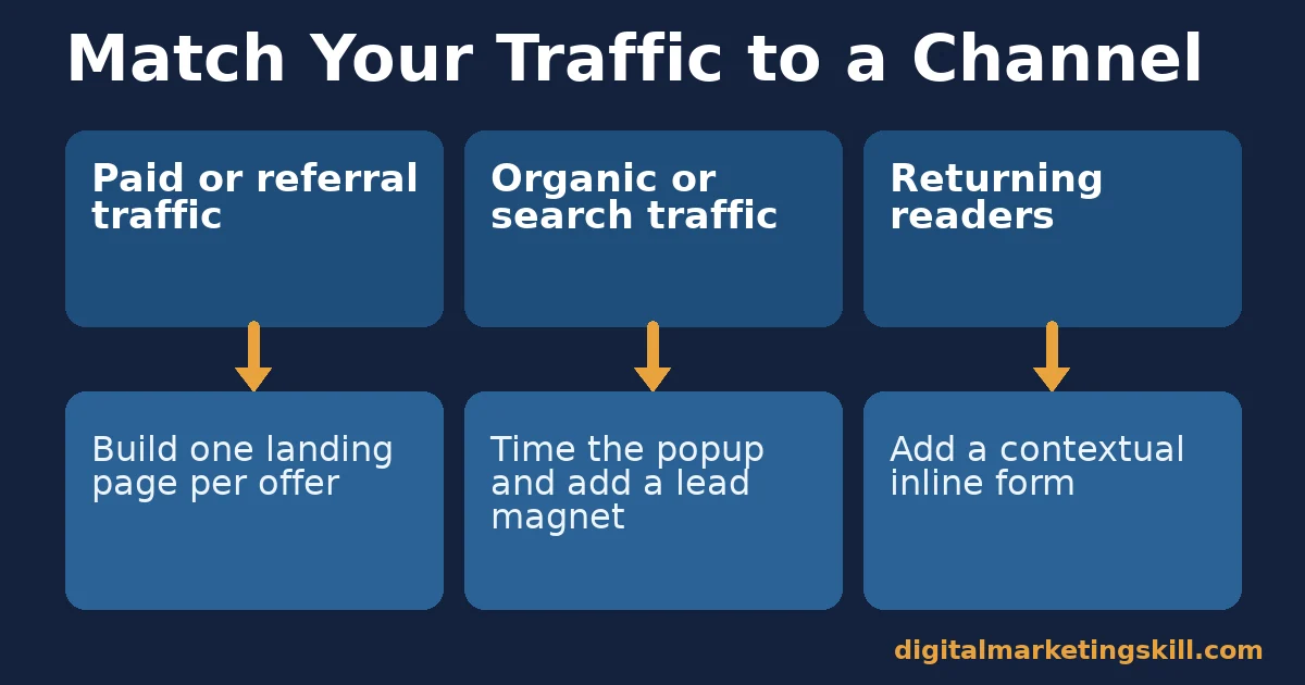Email list building decision flow matching paid traffic to a landing page, organic traffic to a timed popup with a lead magnet, and returning readers to an inline form