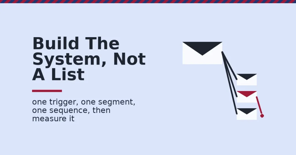 Email marketing automation shown as one envelope splitting into a sequence of three, with one going off course in crimson