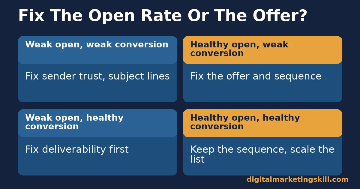 Email marketing automation 2x2 matrix comparing open rate and conversion with the action to take in each case