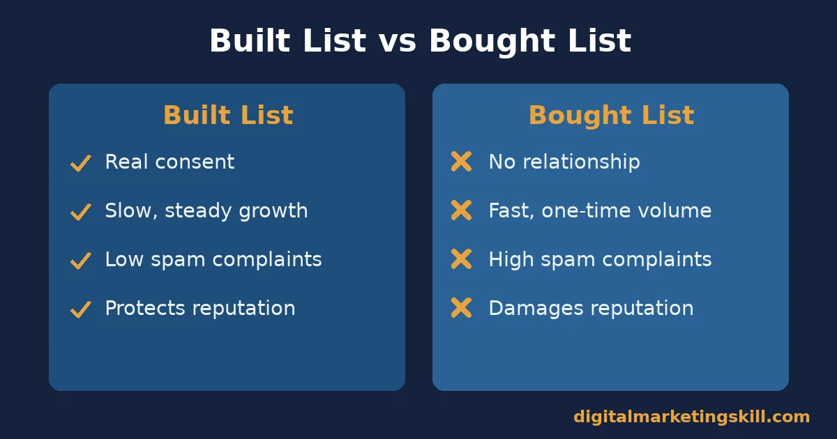 Email marketing comparison chart contrasting a built list with real consent against a bought list with no relationship