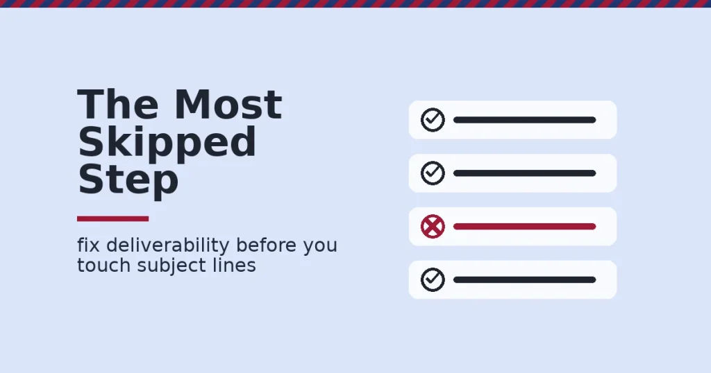 A checklist graphic showing the email marketing checklist item most senders skip, deliverability, marked in red