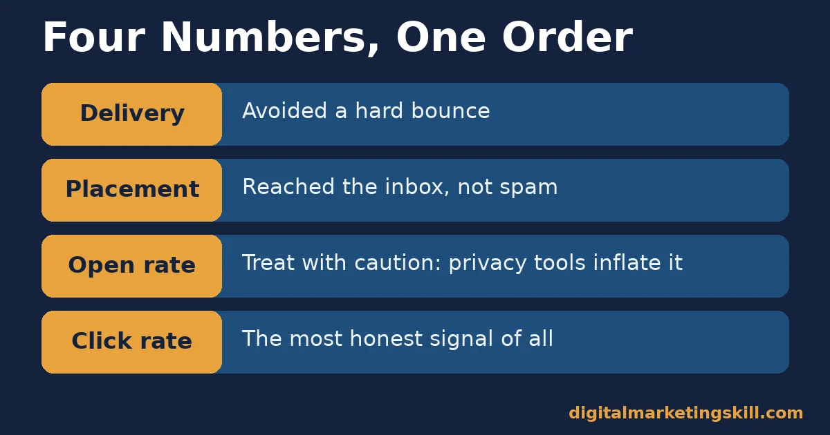 Chart listing the four measurement items on an email marketing checklist: delivery, placement, open rate, click rate