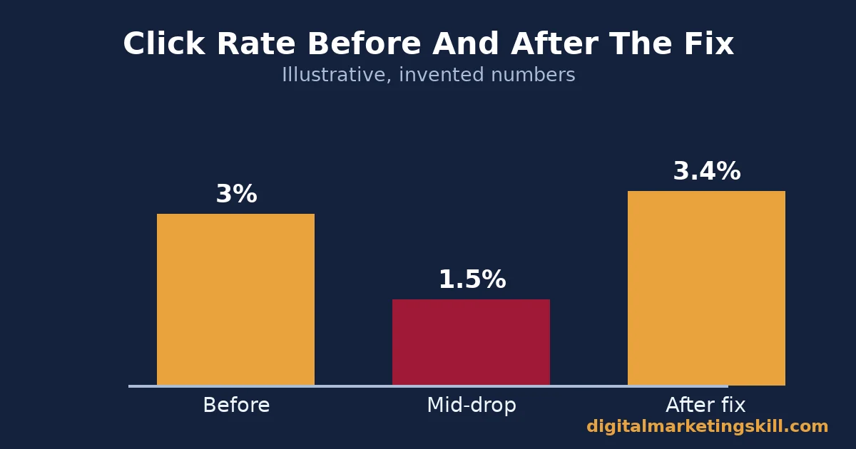 Email marketing bar chart showing an illustrative click rate dropping then recovering after a deliverability fix
