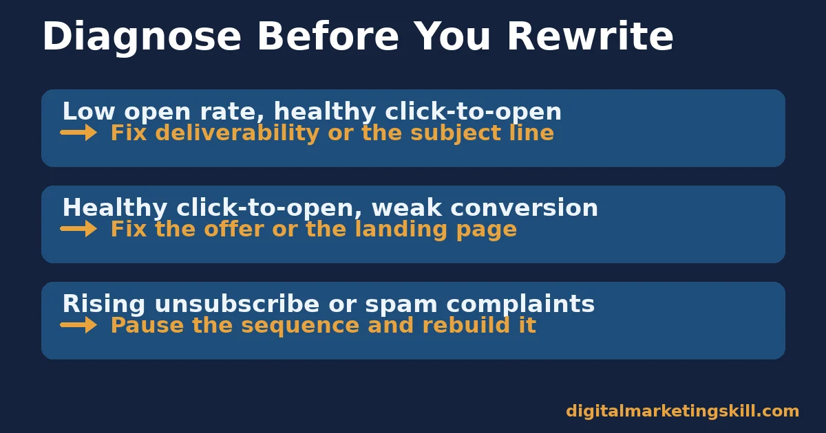 Email marketing lead conversion diagnostic chart matching open rate, click-to-open rate and conversion rate symptoms to the correct fix