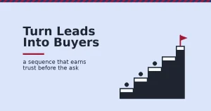 Email marketing lead conversion shown as a staircase of leads climbing toward a flag marking the paying customer