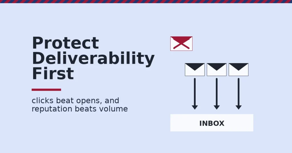 Email marketing illustration of an inbox accepting three envelopes while one crimson envelope is blocked with an X