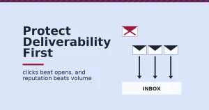 Email marketing illustration of an inbox accepting three envelopes while one crimson envelope is blocked with an X