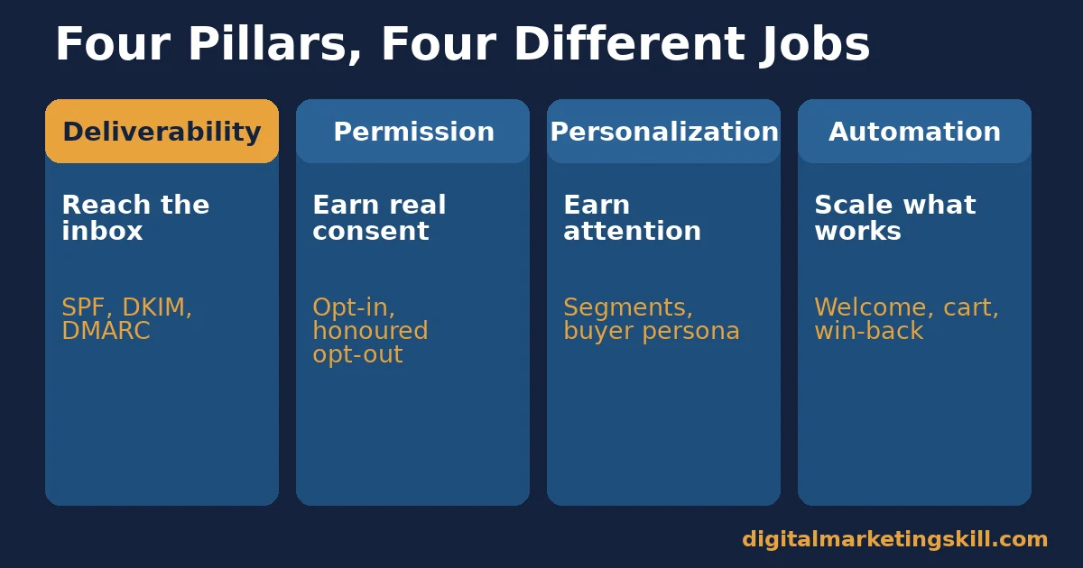 Four-column comparison of email marketing strategies: deliverability, permission, personalization and automation, each with its job and key tools