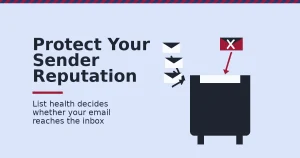 Email marketing strategy shown as a mailbox receiving clean messages while one bounced crimson message is rejected