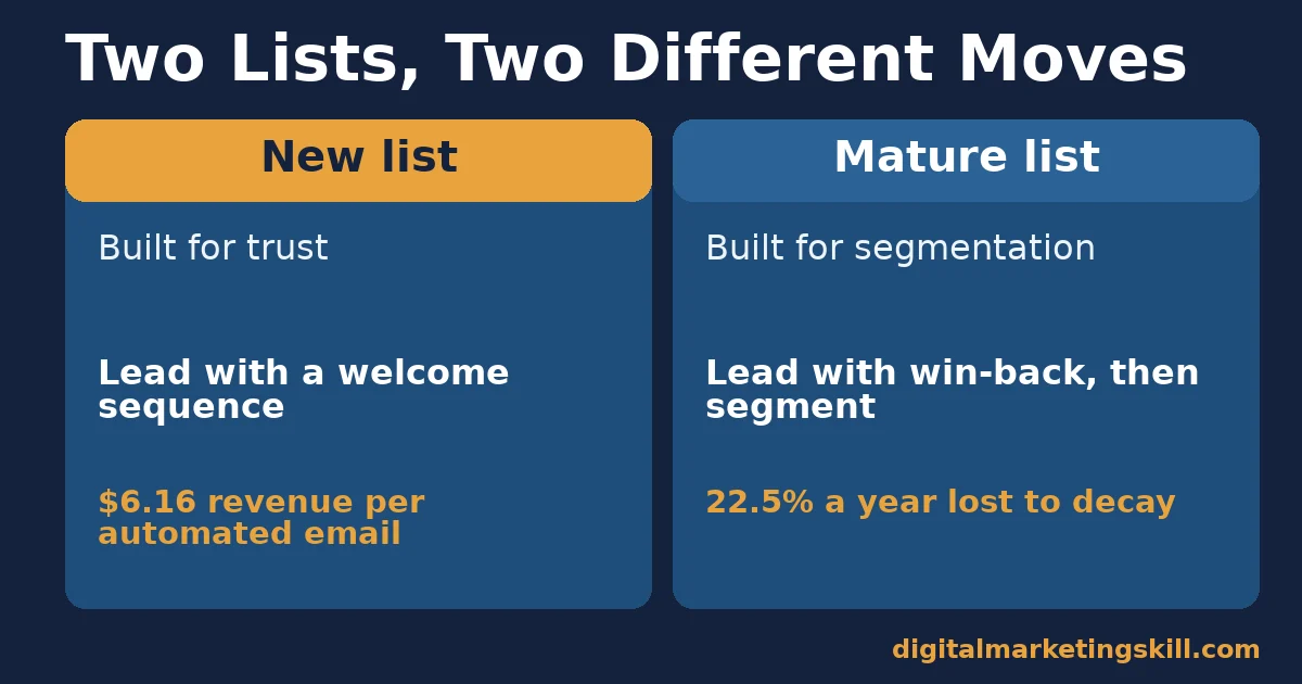 Effective email marketing strategy for a new list versus a mature list Effective email marketing strategy comparison of a new list built for trust and a mature list built for segmentation