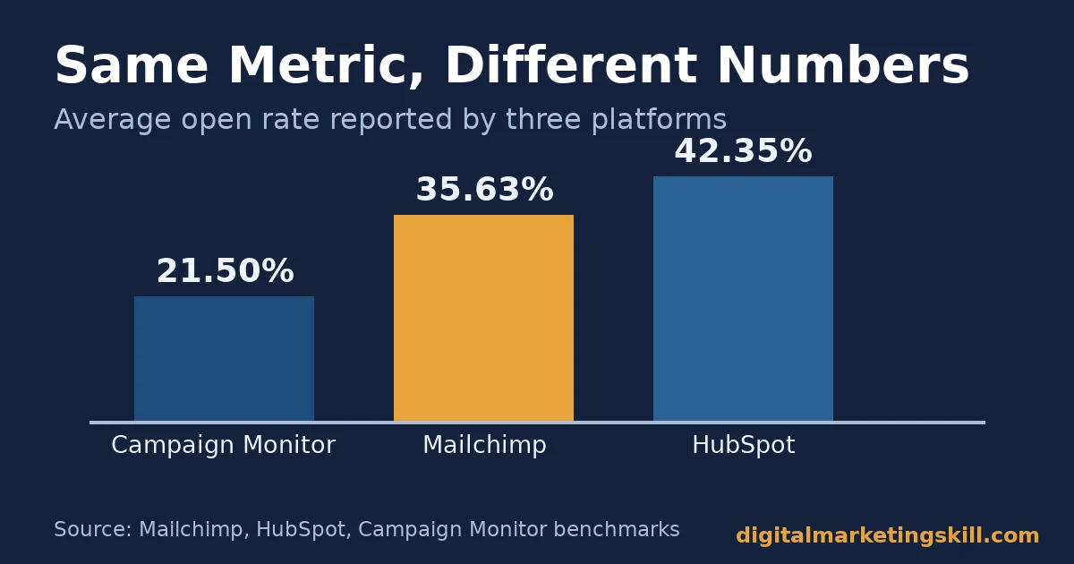 Email open rates reported by three platforms Email open rates bar chart comparing Campaign Monitor at 21.5%, Mailchimp at 35.63% and HubSpot at 42.35%