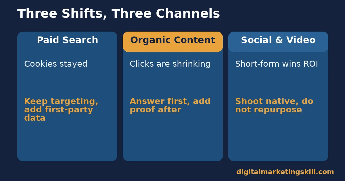 Emerging marketing trends by channel Diagram comparing how emerging marketing trends affect paid search, organic content and social and video channels differently