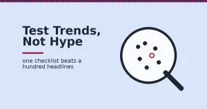 Evaluating marketing trends shown as a magnifying glass singling out one crimson trend worth testing among several dark dots