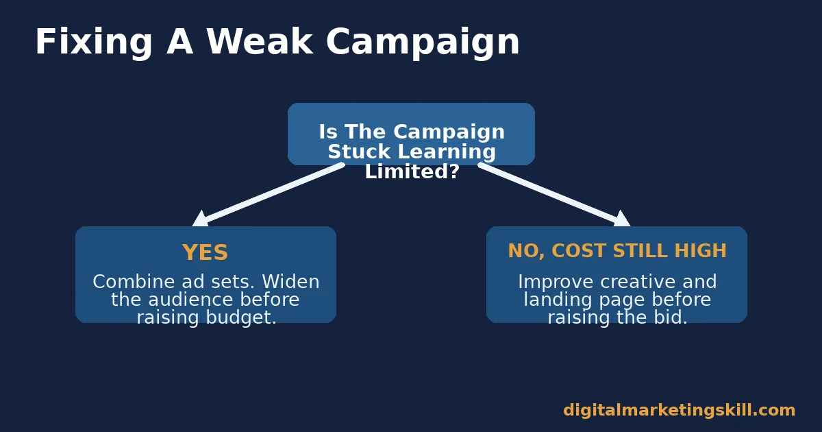 Decision flow diagram for the Facebook ad auction showing whether to combine ad sets or improve creative depending on learning phase status