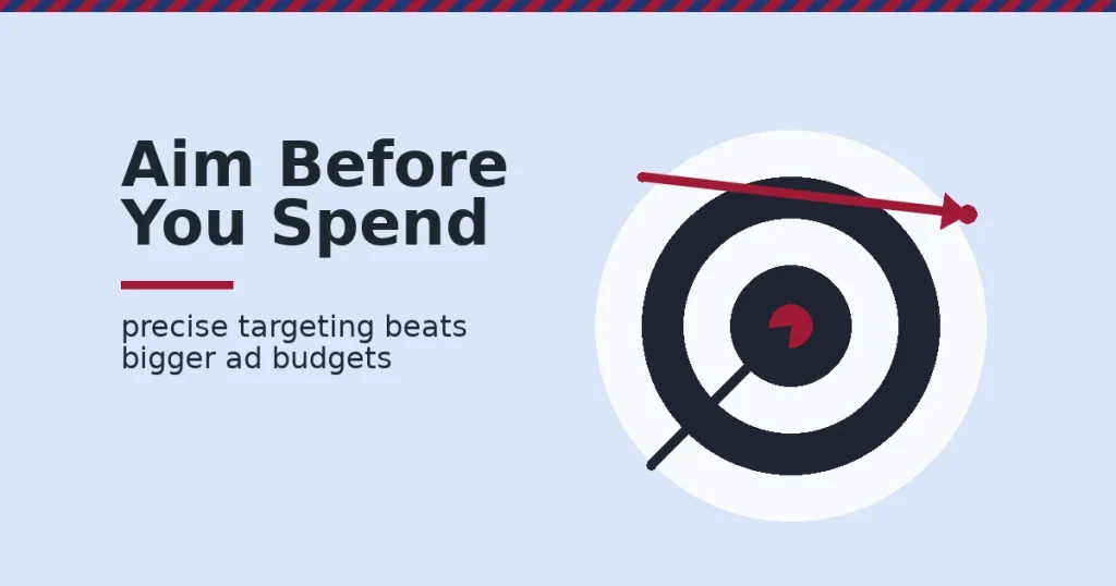 Facebook ad campaigns shown as a target with a dark arrow hitting the centre and a crimson arrow missing wide