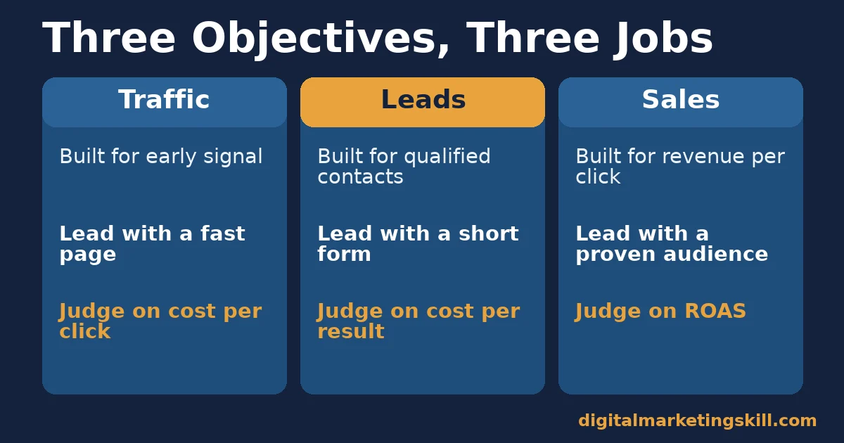 Facebook ad campaigns three-column comparison of traffic, leads and sales objectives showing what each is built for, how to lead with it and what to judge it on