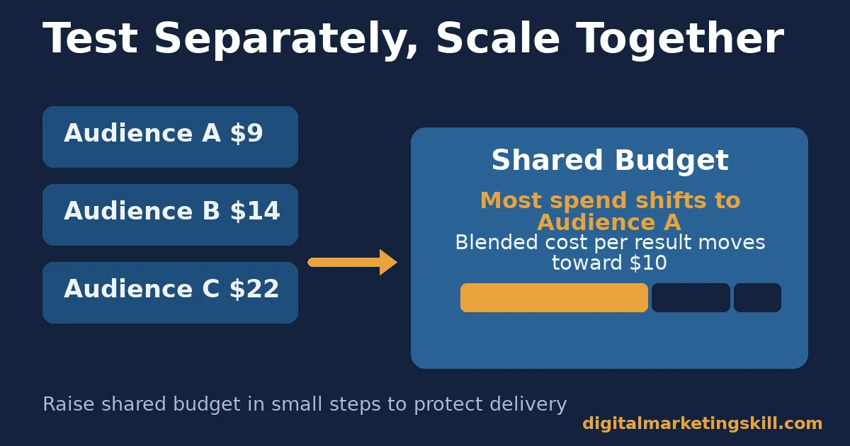 Facebook ad campaigns flow diagram showing three separately tested audiences merging into one shared budget that shifts spend toward the best performer