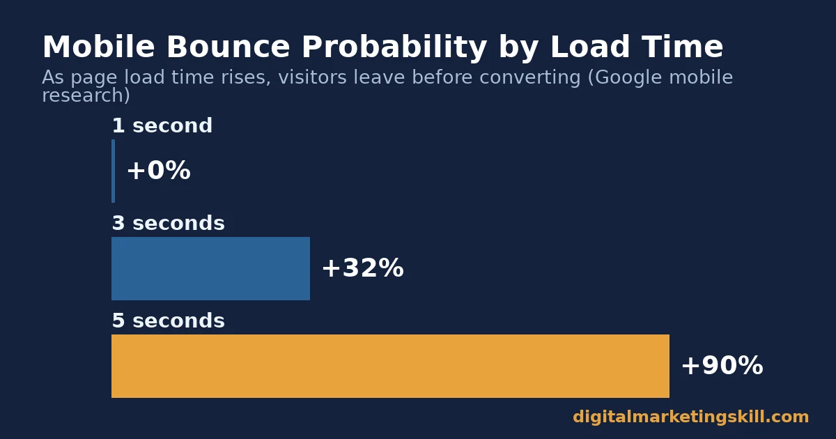 Mobile bounce probability by page load time Bar chart showing mobile bounce probability rising from 0% at one second to 32% at three seconds and 90% at five seconds of load time
