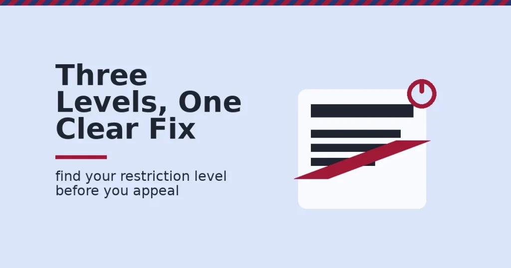 Facebook ad restriction shown as an ad card blocked by a red bar and lock icon