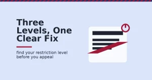 Facebook ad restriction shown as an ad card blocked by a red bar and lock icon