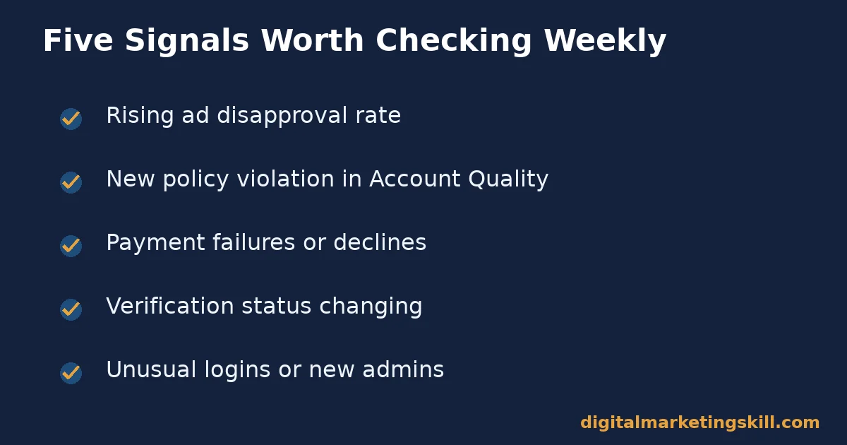Facebook ad restriction weekly health checklist Facebook ad restriction checklist with five account health signals to check weekly