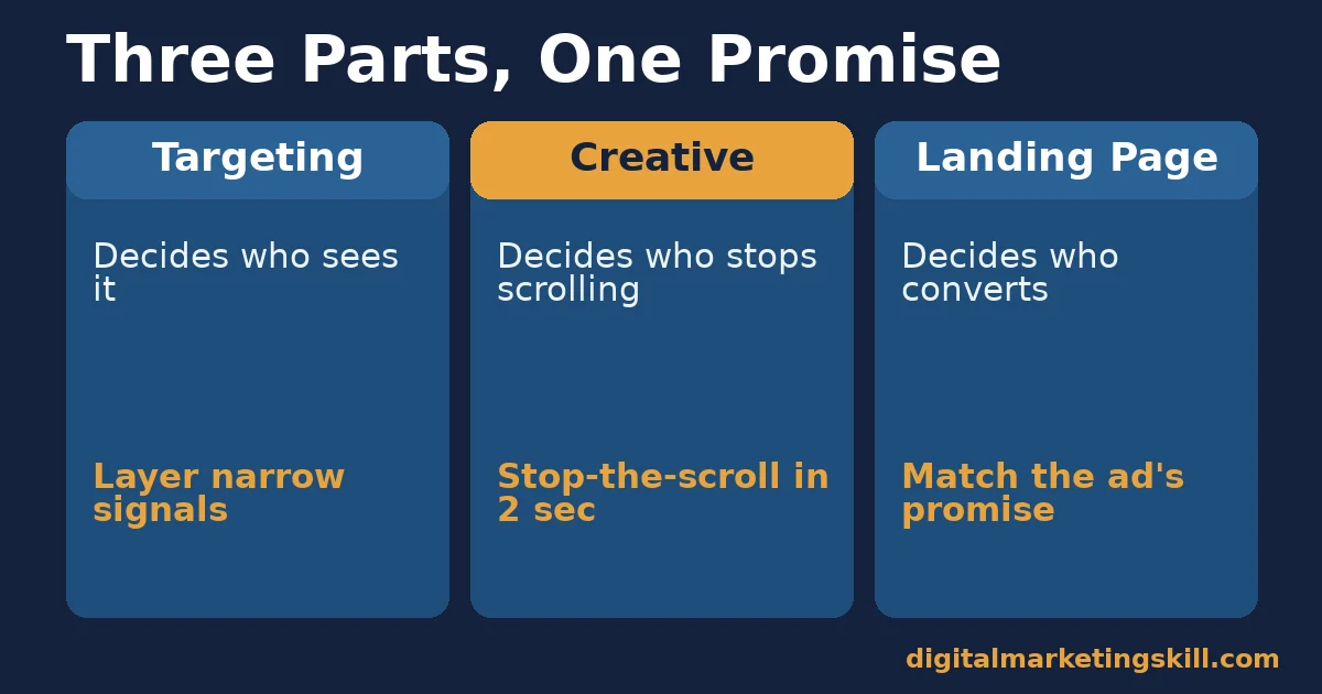 Facebook ad strategies comparison of targeting, creative and landing page and what each one decides