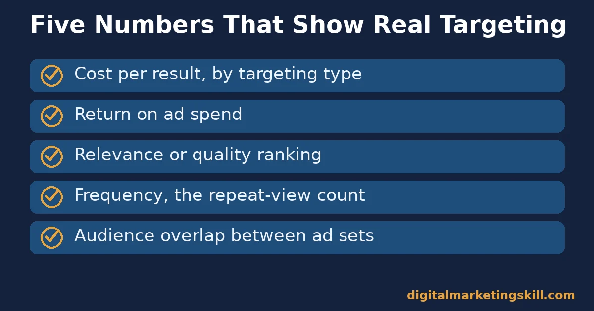 Checklist of five metrics: cost per result, return on ad spend, relevance ranking, frequency and audience overlap
