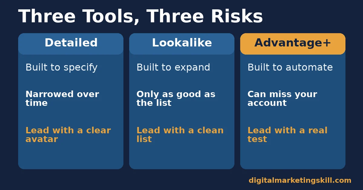 Three-column comparison of detailed targeting, lookalike audiences and Advantage+ audience and what each is built to do in facebook ad targeting
