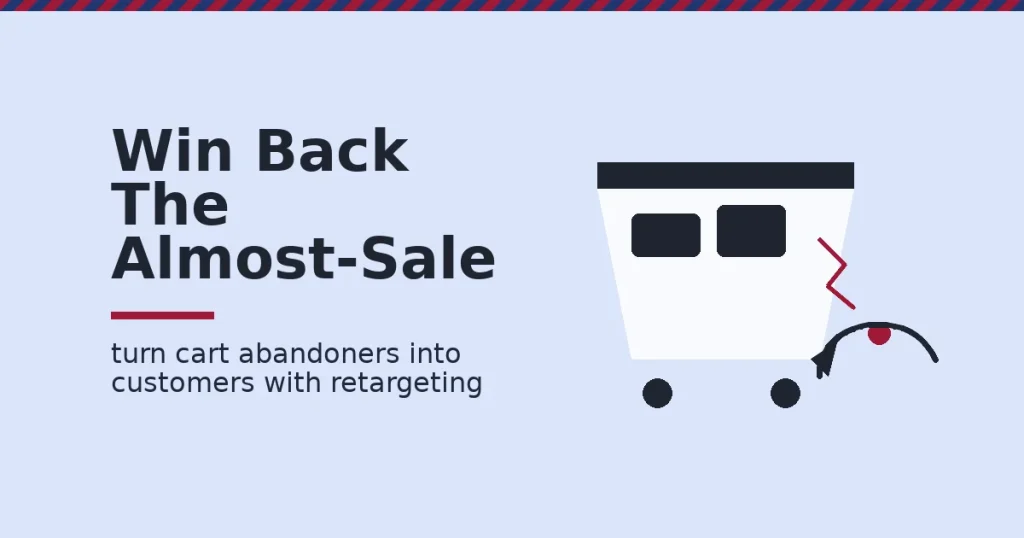 Facebook advertising tips shown as a shopping cart with a crimson crack leaking an item, caught by a dark retargeting arrow curving back toward the cart