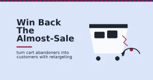 Facebook advertising tips shown as a shopping cart with a crimson crack leaking an item, caught by a dark retargeting arrow curving back toward the cart
