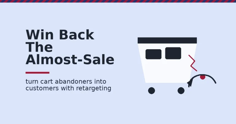 Facebook advertising tips shown as a shopping cart with a crimson crack leaking an item, caught by a dark retargeting arrow curving back toward the cart