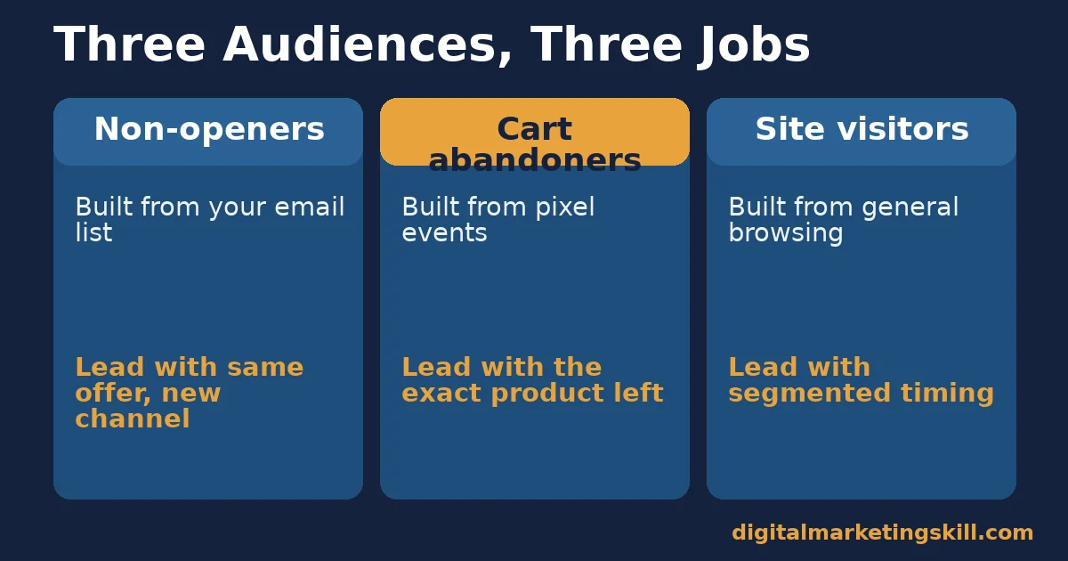 Facebook advertising tips for three retargeting audiences Facebook advertising tips comparison of three retargeting audiences: non-openers built from an email list, cart abandoners built from pixel events, and site visitors built from general browsing