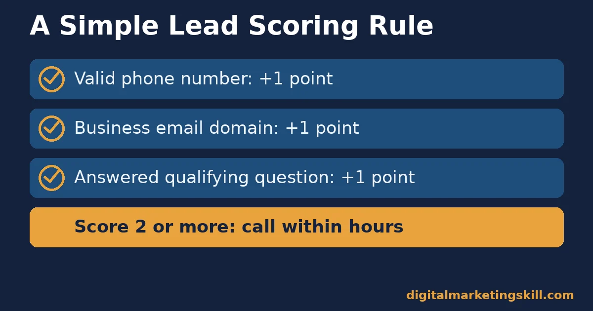 Checklist showing a scoring rule for Facebook lead ads: phone, business email, and a qualifying question