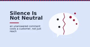 Facebook marketing mistakes shown as a chat bubble cracked down the middle with customer dots leaking out through the crack