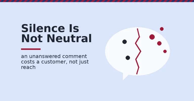 Facebook marketing mistakes shown as a chat bubble cracked down the middle with customer dots leaking out through the crack