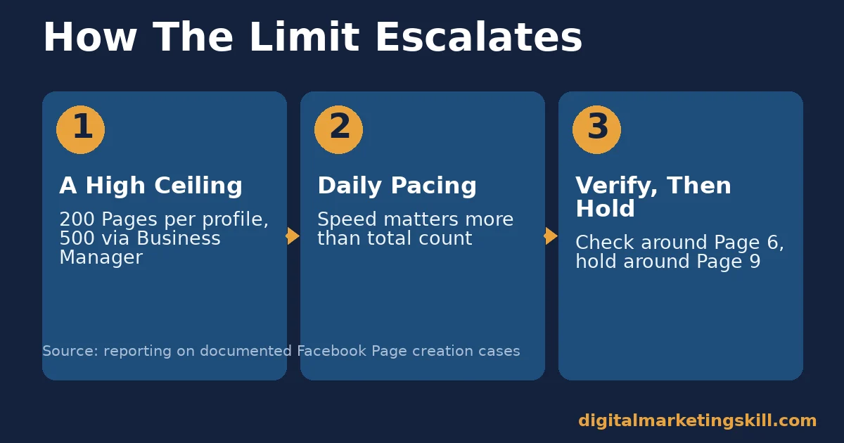 Facebook page creation limit three-step escalation: a high ceiling, daily pacing, then verification and a hold