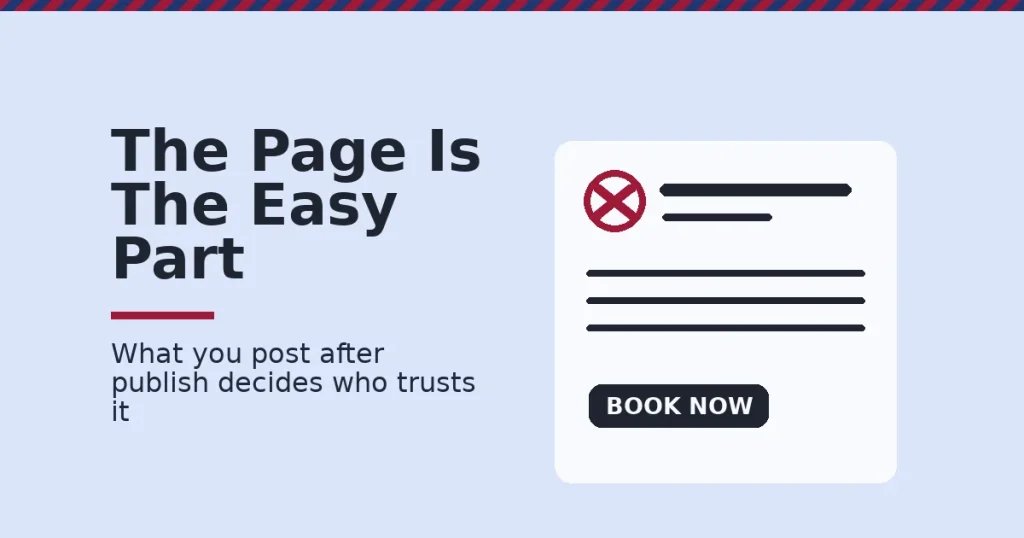 Facebook page for business shown as a profile card missing its profile photo, marked in red, next to a Book Now button