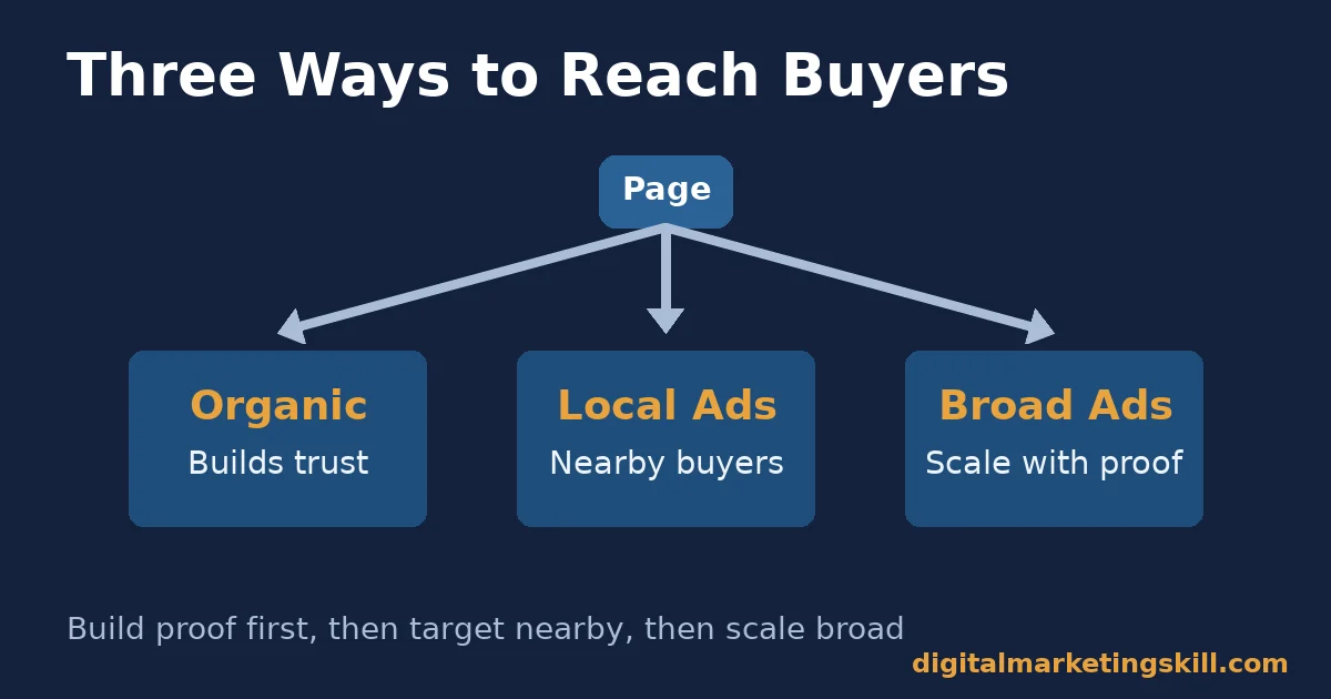 Diagram showing three ways to find customers on Facebook: organic, local ads and broad ads