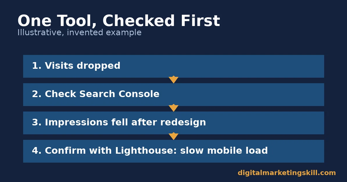 Illustrative flow for free Google marketing tools: visits dropped, check Search Console, impressions fell after a redesign, confirm with Lighthouse that mobile load slowed