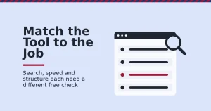 Free SEO tools shown as a dashboard checklist with one row flagged in red next to a magnifying glass