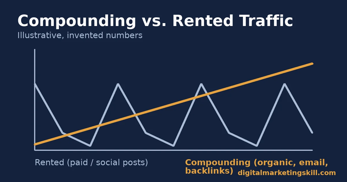 Compounding vs. rented free website traffic tactics over time Line chart comparing compounding free website traffic tactics against spiky, decaying rented traffic