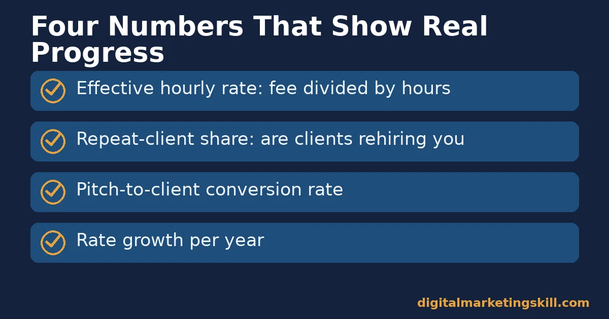 Freelance copywriter checklist listing effective hourly rate, repeat-client share, pitch-to-client conversion rate, and rate growth per year