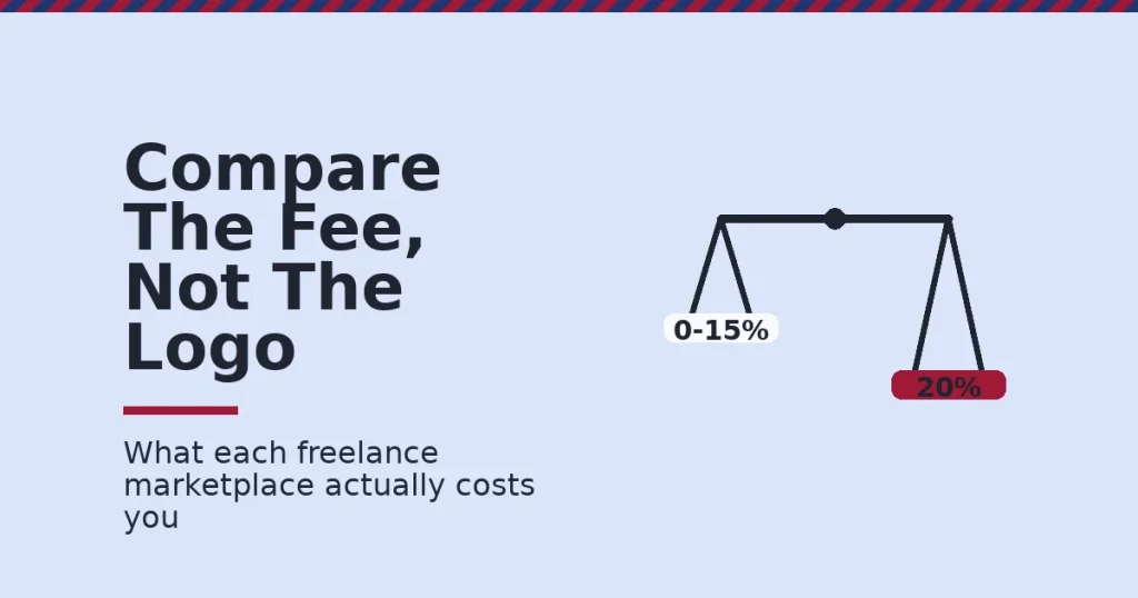 Balance scale comparing a low variable fee to a flat 20 percent fee across freelance marketplaces