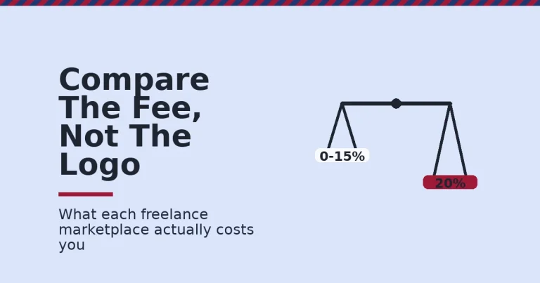 Balance scale comparing a low variable fee to a flat 20 percent fee across freelance marketplaces