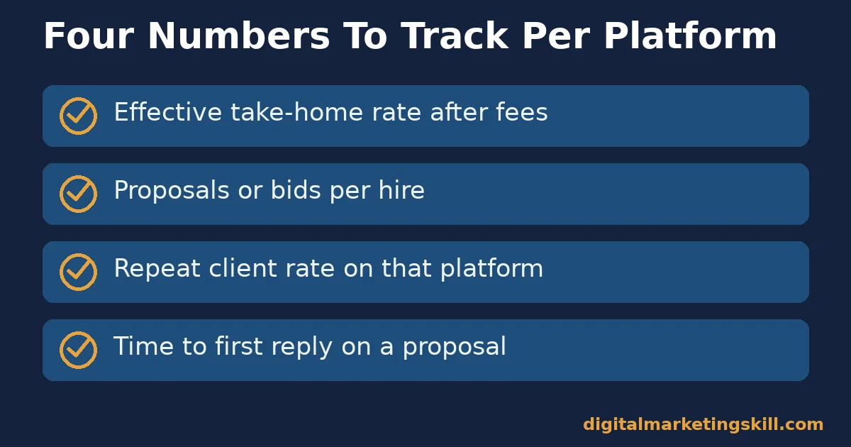 Checklist of four metrics to track on freelance marketplaces: take-home rate, proposals per hire, repeat rate, reply time